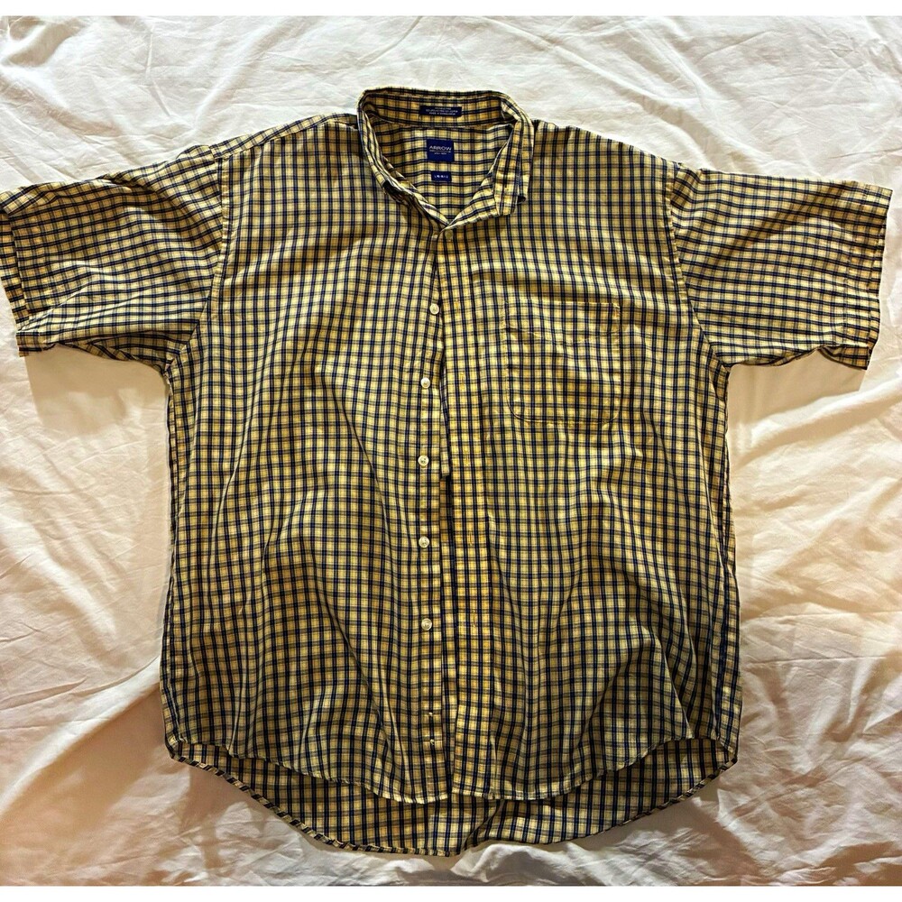 Arrow Wrinkle Resistant Men's L Short Sleeve Blue Beige Plaid Point Collar